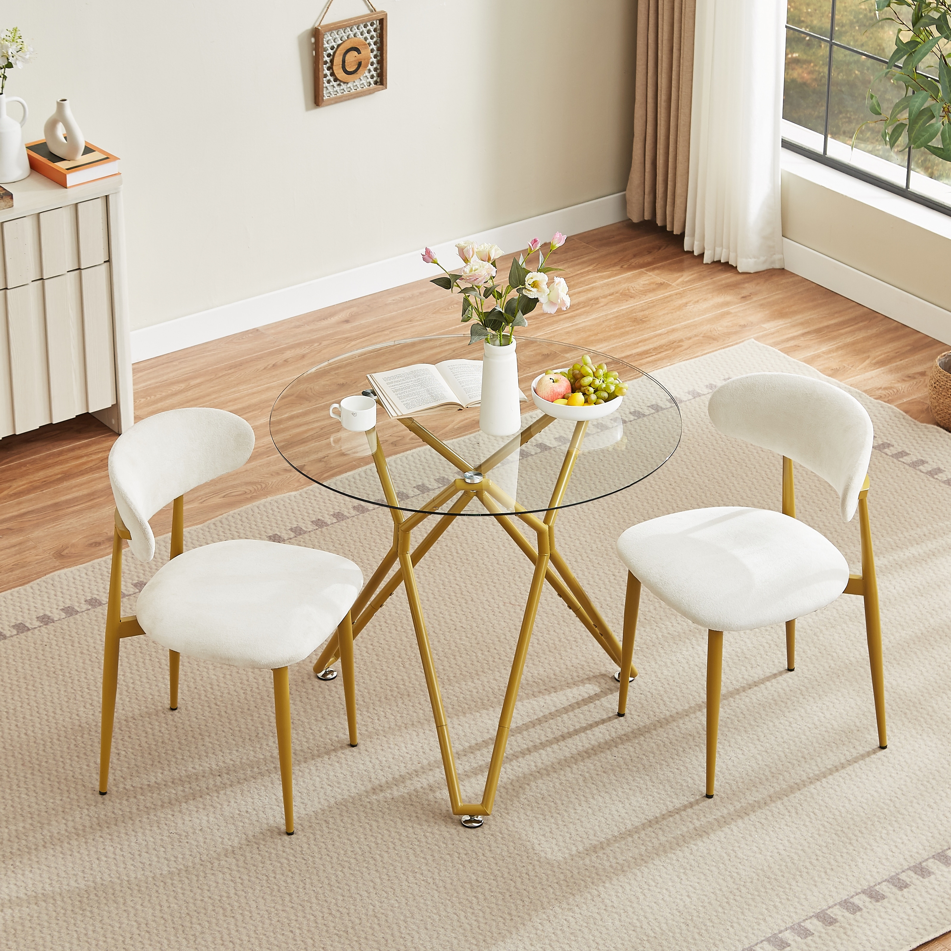 35.4-Inch Round Tempered Glass Dining Table, Suitable For 1-4 People, Space-Saving Small Kitchen Dining Table - Gold