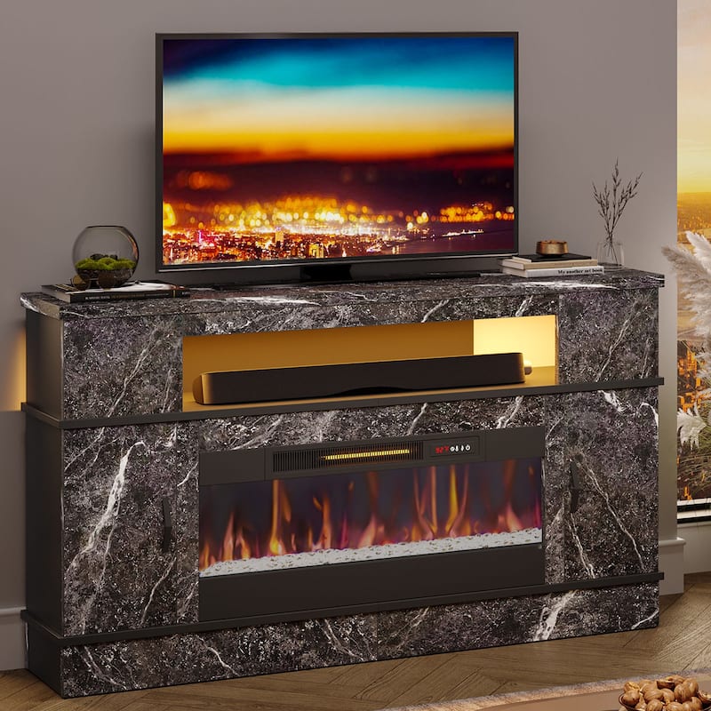 Bestier 63 in. White Marble Freestanding Electric Fireplace TV Stand Fits TV Up to 70 in. Entertainment Center with Cabinet