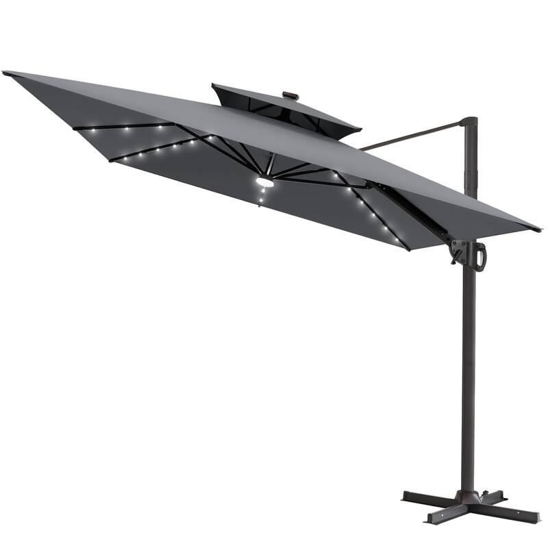 9 X 11 FT Outdoor Patio Cantilever Umbrella with Solar Lights Double Canopy 360 Rotation Tilt