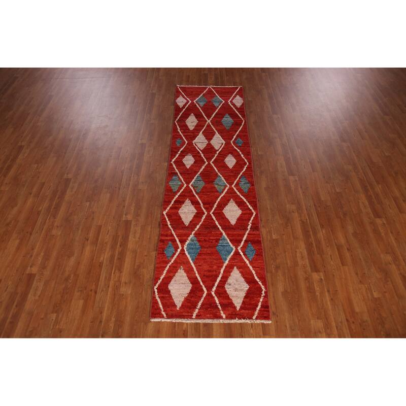 Geometric Moroccan Oriental Runner Rug Handmade Wool Carpet - 2'9" x 9'8"