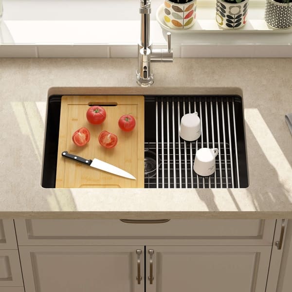 slide 2 of 21, Lordear 28" Quartz Composite Undermount Workstation Single Bowl Kitchen Sink with Accessories
