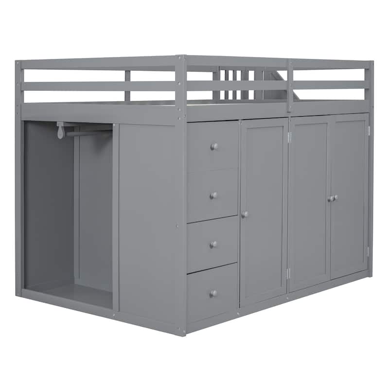 Full Size Gray Wood Loft Bed with Built-in Wardrobes, Cabinets, and Drawers