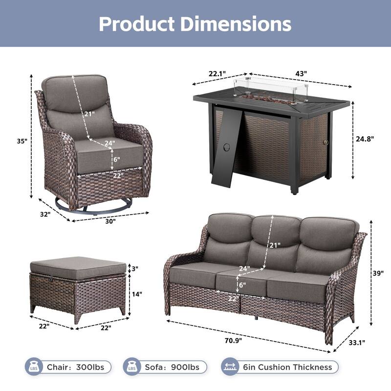 Arcadia 8-Piece PE Wicker Patio Seating Set with Durable All-Iron Fire Pit and 6-Inch Cushions