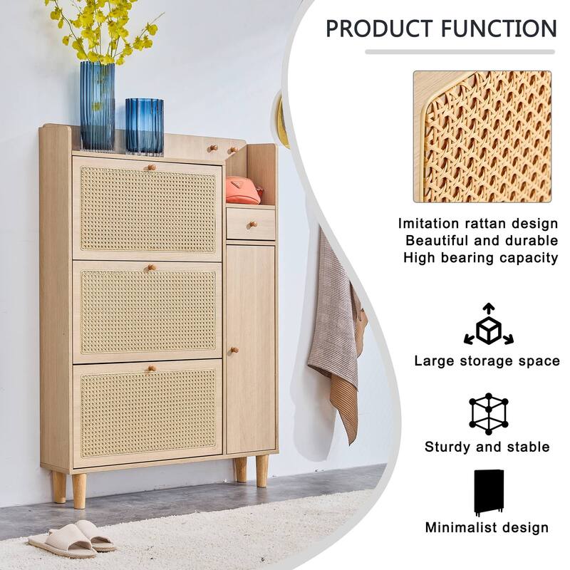 Rattan Shoe Cabinet with 3 Flip Drawers, Freestanding Wooden Cabinet, Shoe Storage Rack with Adjustable Shelves