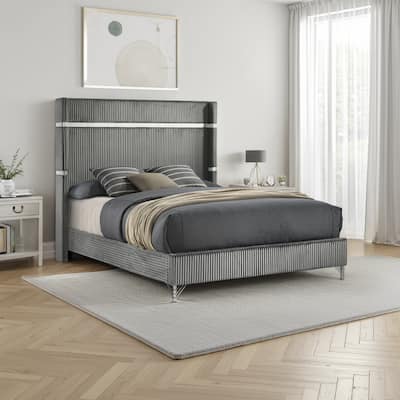Jenny King Size Bed, Wingback Fluted Upholstered Headboard, Gray