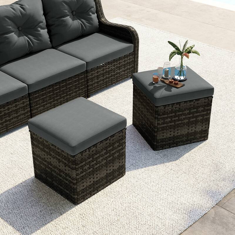 2 Set 17.7" W Outdoor Rattan Patio Square Ottoman with Cushion