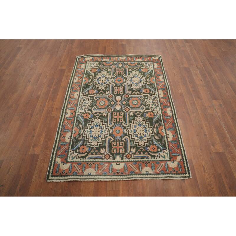 Hand Knotted Oriental 100% Wool Carpet Traditional Geometric Green Heriz Area Rug - 4' 8'' X 3' 2''