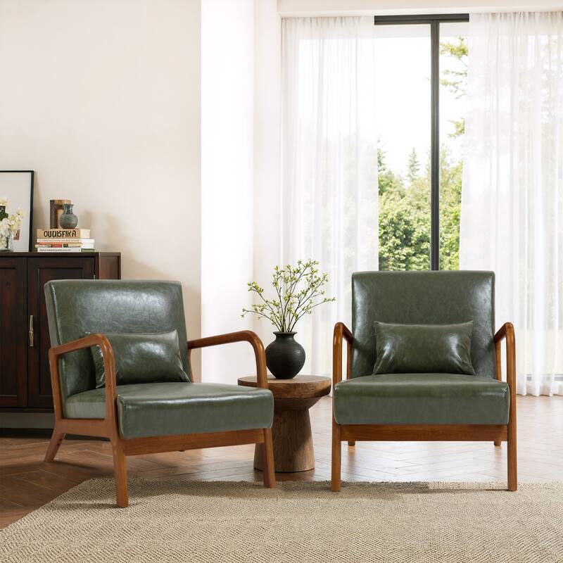 2 Set Mid-Century Modern Faux Leather Accent Chairs with Cushion - Green/Brown wood