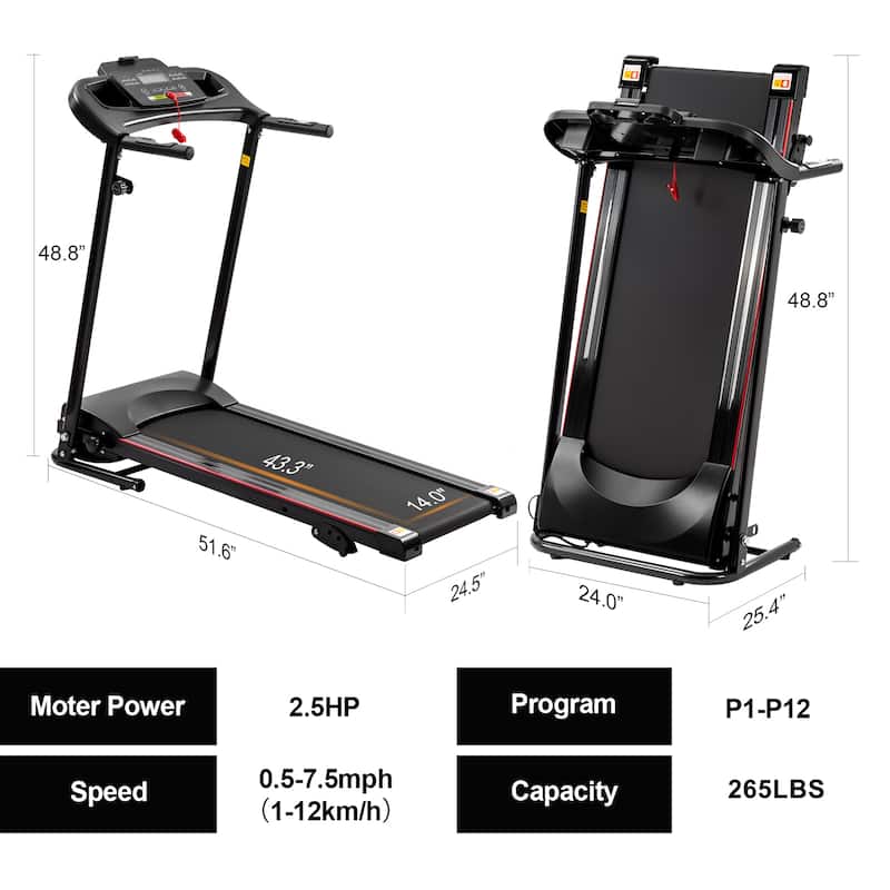 Folding Treadmill for Home Foldable with Incline 2.5HP 12KM/H Bed