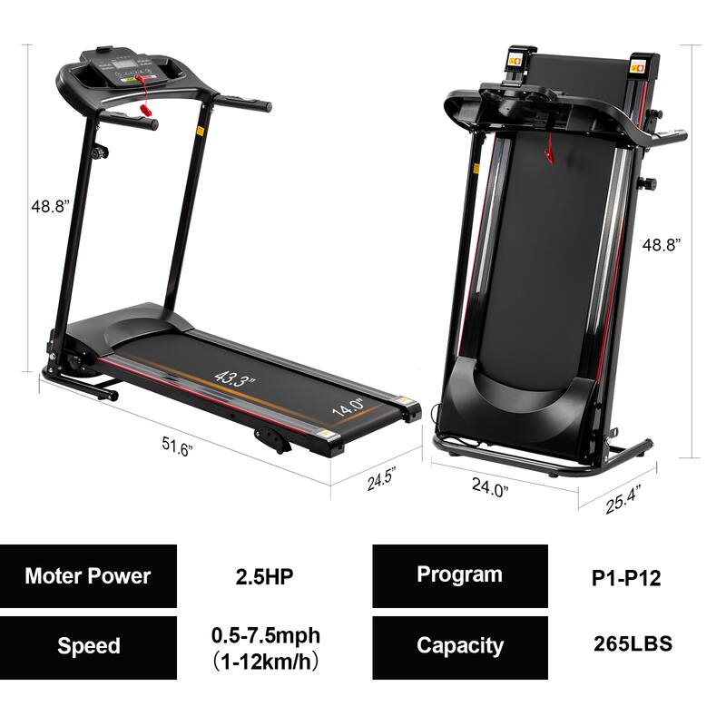 Folding Treadmill with Incline 2.5HP 12KM/H Electric Treadmill for Home