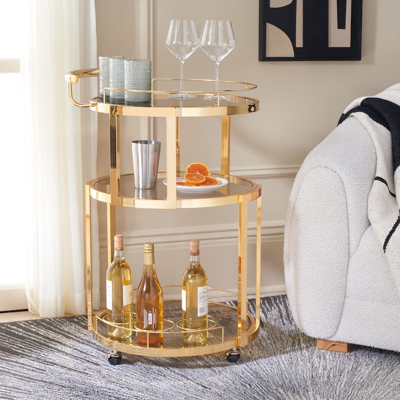 SAFAVIEH Sueann 3 Tier Round Bar Cart-Gold / Tea - 22.1" x 19.7" x 34.3" - 22Wx20Dx34H - Gold