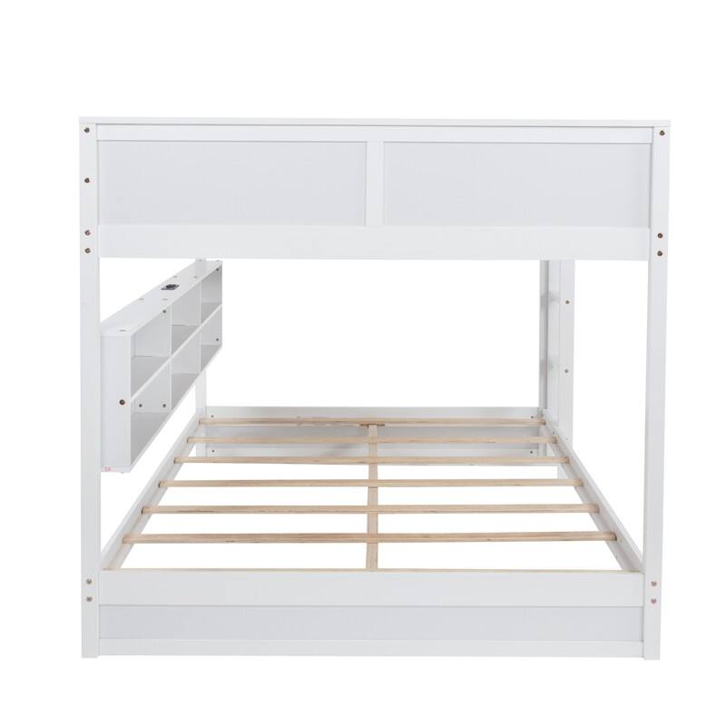 Queen Over Queen Size Bunk Bed with Built-in Storage Cabinets,Charging Station,Ladder