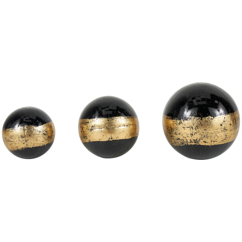 Black, Brown or White Plastic Decorative Ball Orbs & Vase Filler with Gold Stripe or Blue Accents (Set of 3) - Black