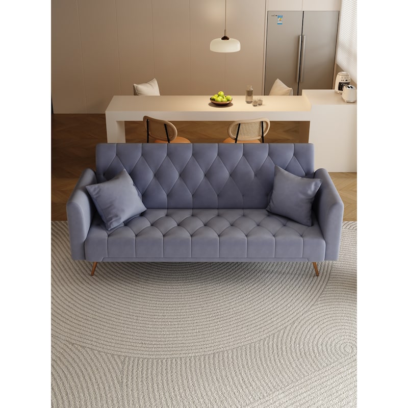 Velvet Loveseat Sofa Adjustable Backrest Sleeper Sofa Bed with 2 Pillow Upholstered Deep Seat Sofa, Tufted Couch