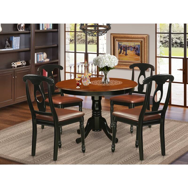 HomeStock 5-Pc Round Black and Cherry Finish Solid Wood Top Dining table with 4 Chairs
