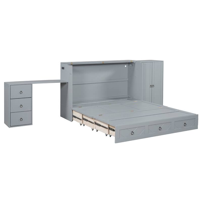 Queen Murphy Bed with Built-In Desk, Wardrobe, USB Charging, and Spacious Storage Drawer, Multifunctional Cabinet Bed