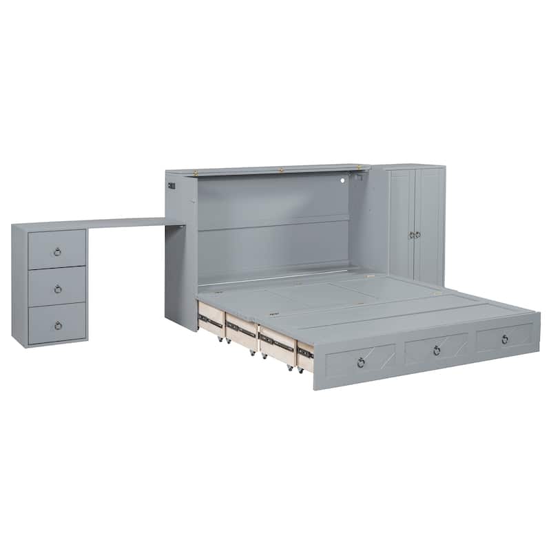 Queen Size Pine Wood Murphy Bed with Wardrobe, Desk & USB/Outlets