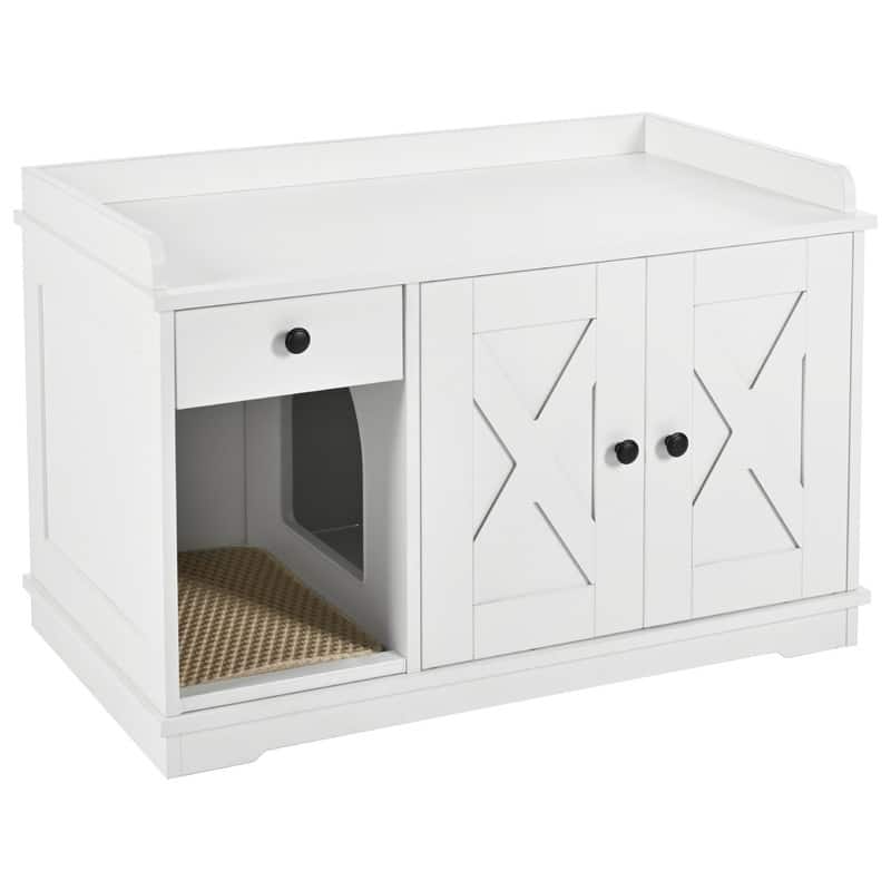 Cat Litter Box Enclosure with Hidden Storage Drawer and Integrated Litter Mat for Indoor Use