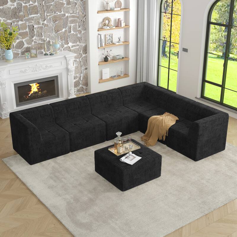 130.32" Corduroy L-Shaped Modular Sectional Sofa with Sleeper (7-Seat) - Black