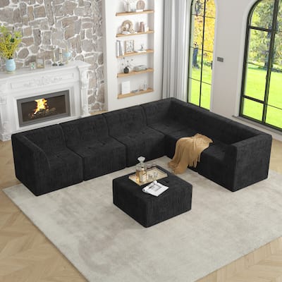 130.32" Corduroy L-Shaped Modular Sectional Sofa with Sleeper (7-Seat)