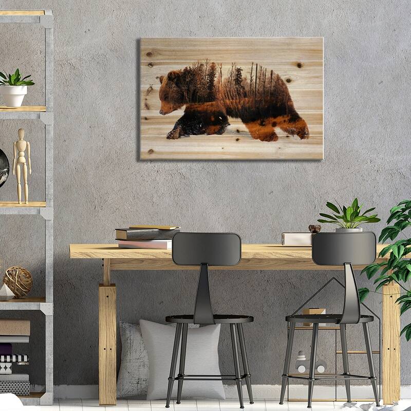 Travelling Bear Print On Wood by Andreas Lie - Multi-Color