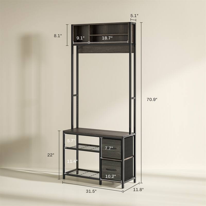 5-in-1 Hall Tree with Bench Coat Hooks and Storage Drawers for Entryway Hallway or Mudroom - 31.5" W x 11.8" D x 70.9" H