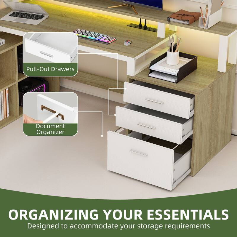 Moasis 65" Computer Desk with Filing Cabinet and Storage Shelves, LED Lighting Corner Home Office Desk