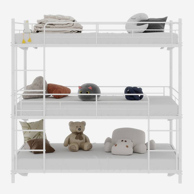 Heavy-duty triple frame bed with built-in ladder and full-length railing