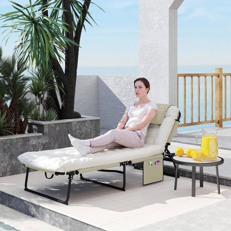 Folding Chaise Lounge Chair,4-Pos Recliner,Cushion,Pocket,Headrest