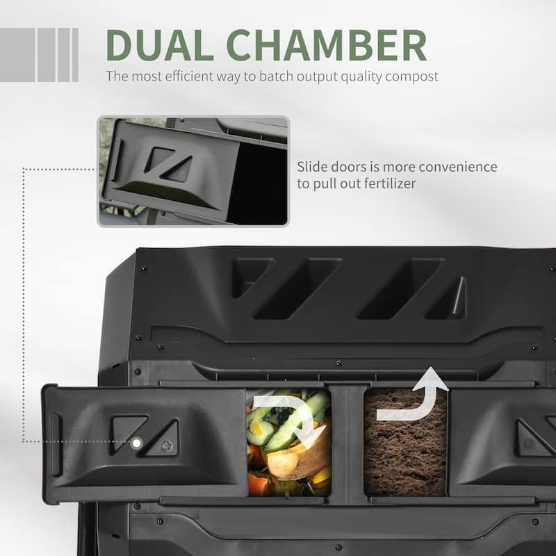Outsunny Tumbling Compost Bin Outdoor Dual Chamber 360-deg Rotating Composter 43 Gallon w/ Sliding Doors & Solid Steel Frame