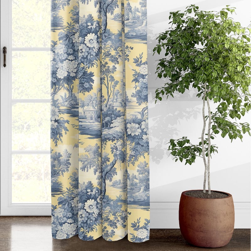 6ix Tailors Giverny Toile Butter Yellow Pinch Pleat Double Width Drapery Panels Set of 2