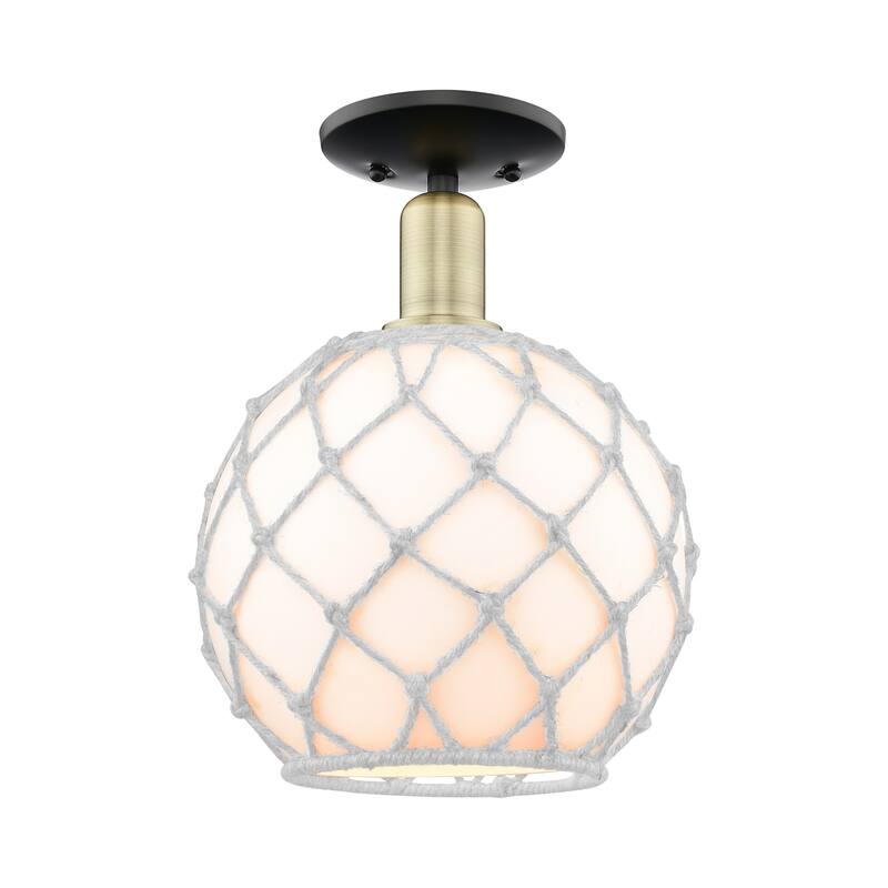 Innovations Lighting 716-1C-14-10 Farmhouse Rope Semi-Flush Farmhouse - Black Antique Brass / White Glass with White Rope