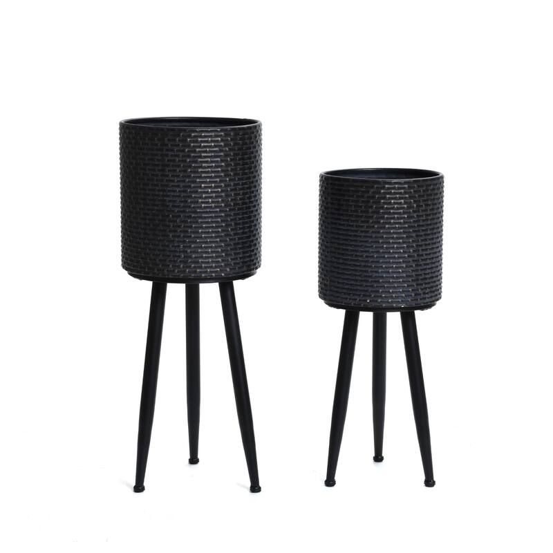 Set of 2 Black Dimpled Metal Cachepot Planters with Black Metal Legs