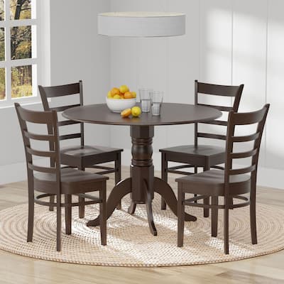 5-Piece Dining Set, 42" Round Drop-Leaf Table and Slat Back Chairs