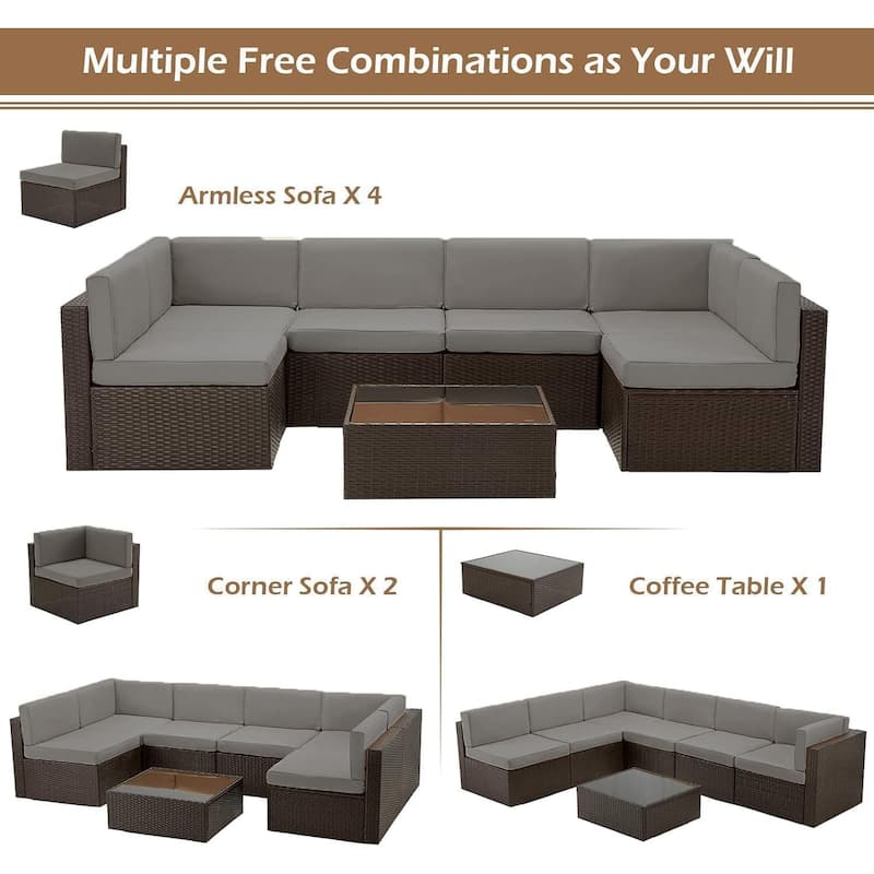 AECOJOY 7 Piece Outdoor Patio Furniture Set, PE Rattan Outdoor Wicker Sectional Furniture Chair Set with Cushions and Tea Table
