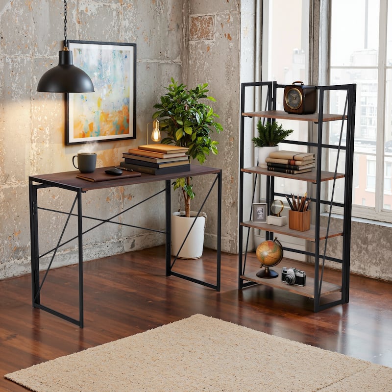 Industrial Home Office Bundle - 4-Tier Folding Bookshelf and 39" Study Desk, No Assembly Required