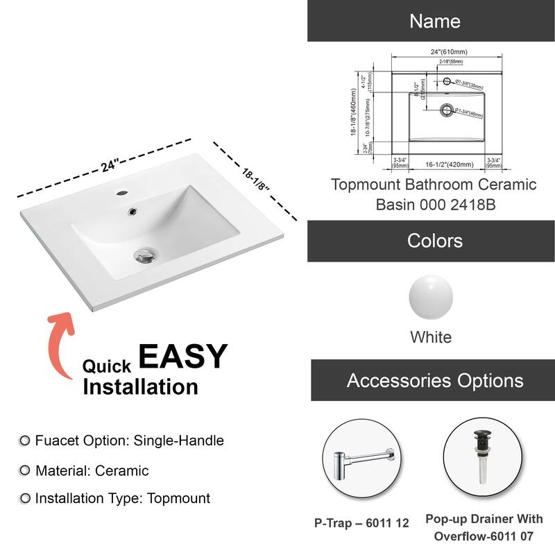 Dowell 18" FTB Ceramic Single Bathroom Vanity Basin