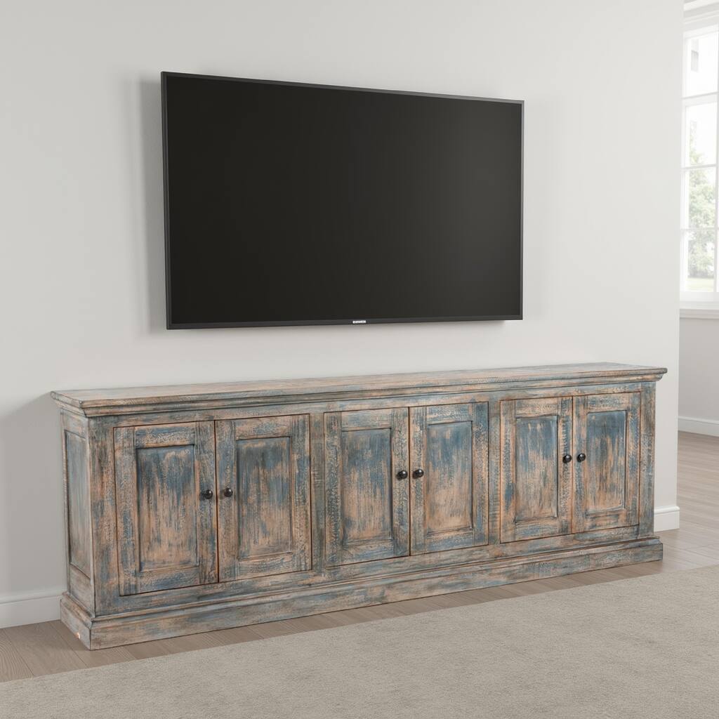 Miy Sideboard Buffet Cabinet, 6 Door, Antique Blue Pine Wood 106 Inch