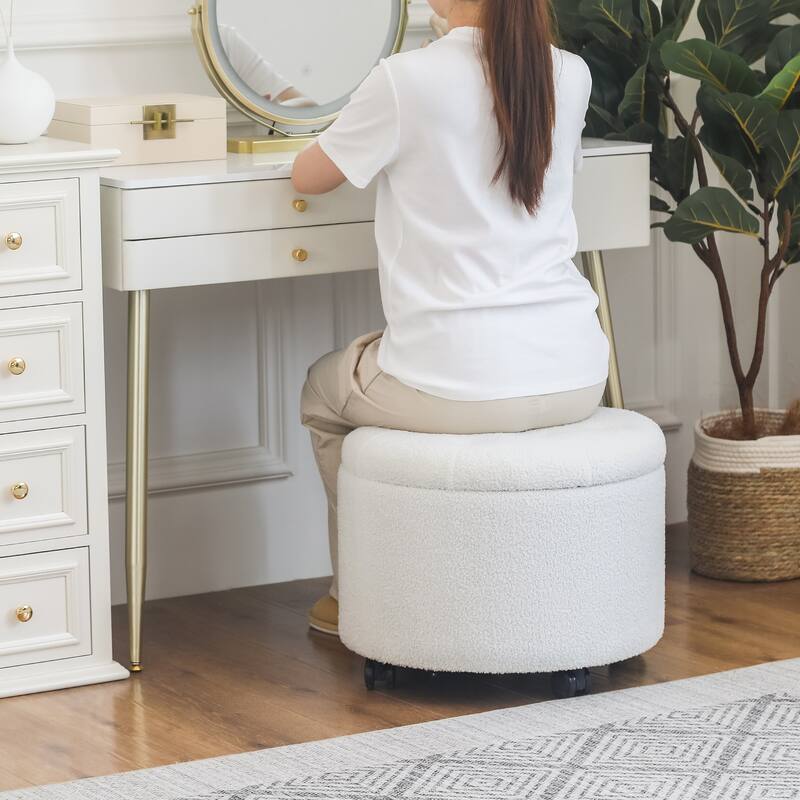 Adeco 20" Wide Button Tufted Round Storage Ottoman with Casters