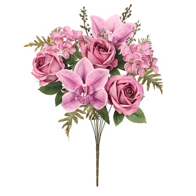 Set of 2 Plum Mauve Artificial Mixed Rose Cymbidium Orchid Hydrangea Flower Stem Bush Bouquet 16in - 16" L x 9" W x 9" DP