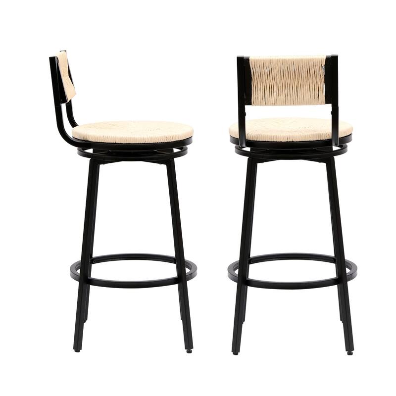 Swivel Counter Height Bar Stools Set of 2, Bar Height Stools, Paper Rope Woven Bar Stools, Farmhouse Island Chair w/ Metal Frame