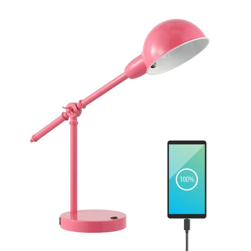 Allegra 20.25" Vintage Industrial Iron Adjustable Dome Shade LED Task Lamp with USB Charging Port, by JONATHAN Y