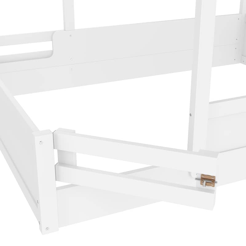 Kids House Floor Bed with Guardrails, Roof & Built-in Tray - Queen/Full/Twin Size, Childlike Design