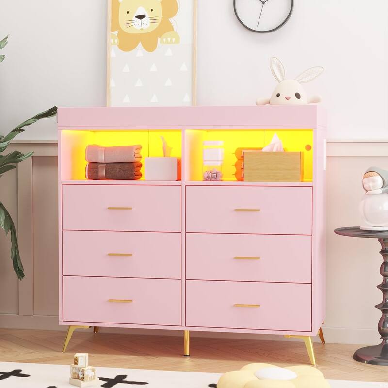 Dresser for Bedroom with LED Lights and Power Outlet, Dresser with 6 Drawers - Pink - 6-drawer