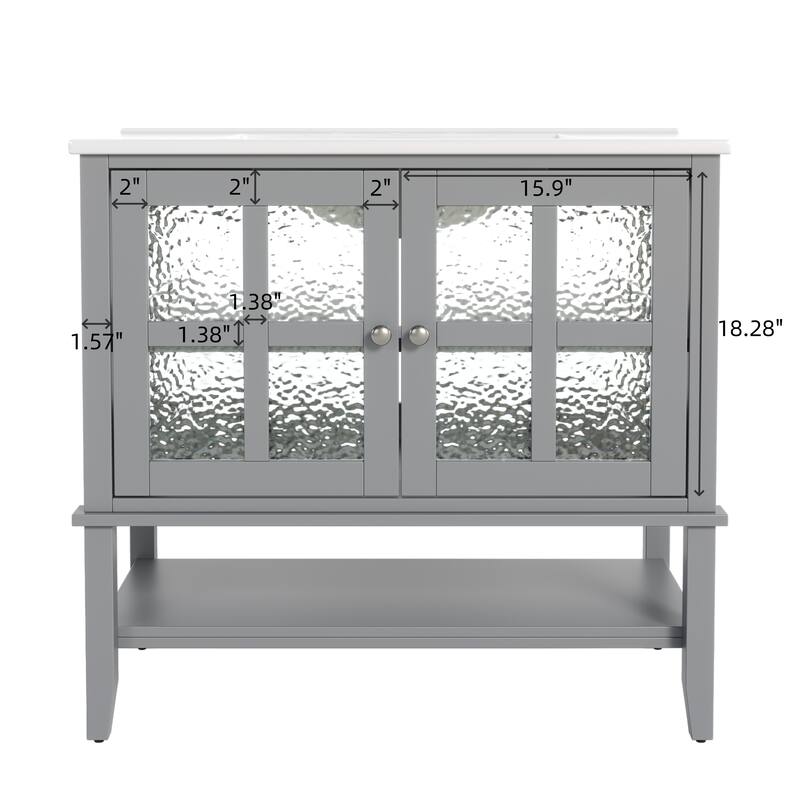 36"Vanity with Ceramic Sink,Vanity with Shelf,with Solid Wood Legs,Waterproof Painted Finish,Metal Knobs and Close Hinges Design