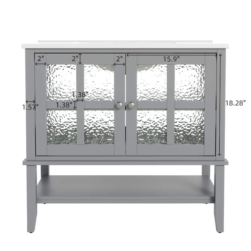Roomfitters 36" Contemporary Bathroom Vanity with Ceramic Sink, Textured Glass Doors, Adjustable Shelf and Open Storage