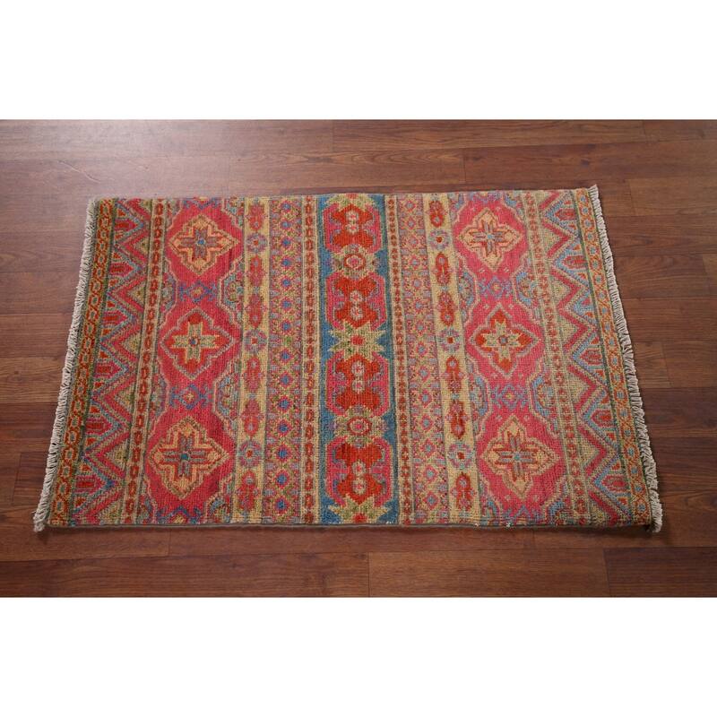 Geometric Kazak Oriental Foyer Rug Handmade Yellow Wool Carpet - 2'0" x 3'0"