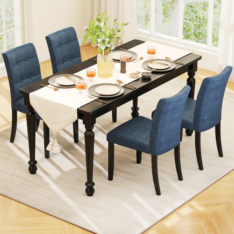 Dark Blue Rubber Wood Dining Chairs Set of 2 with Button Tufted Back Linen Fabric - 25" x 19.5" x 36"
