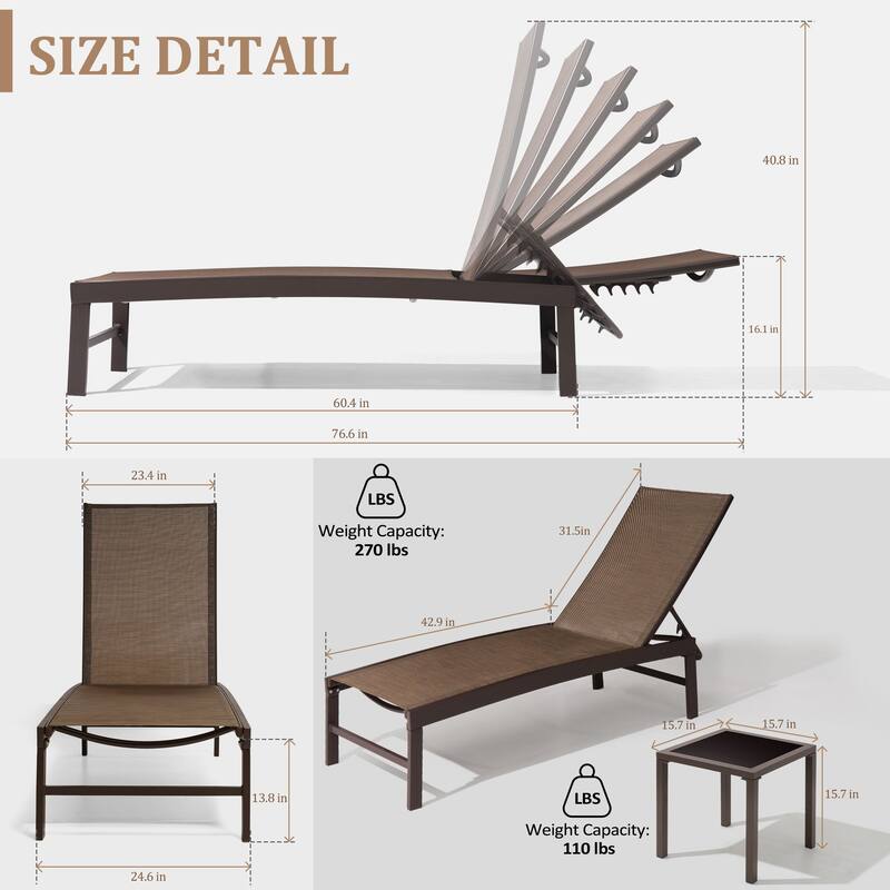 VredHom Outdoor Aluminum Adjustable Chaise Lounge Chairs and Side Table Set - 60.4 in L * 24.6 in W * 16.1/40.8 in H
