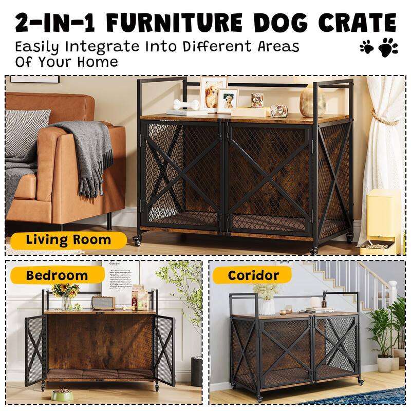 Dog Crate Furniture with Cushion, Double Doors, End Table Design
